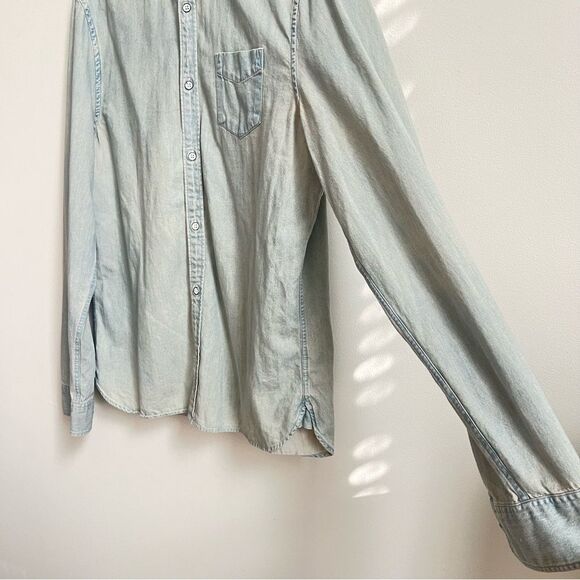 All Saints Mens spitalfields Distressed wash Long Sleeve Denim button down LG - Picture 6 of 8